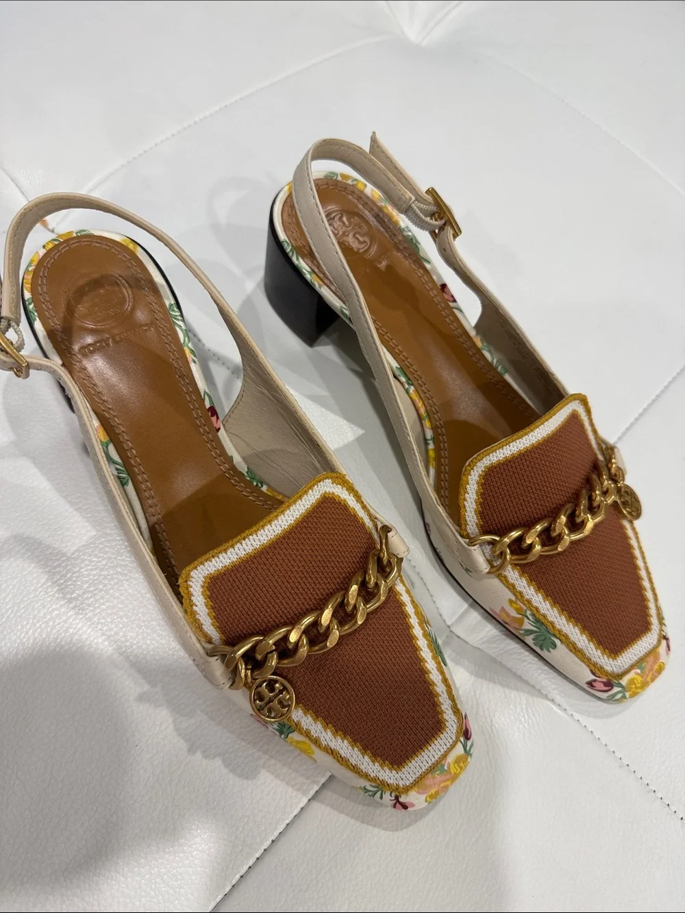 Tory Burch Cream & Brown Floral Chain-Accent Slingback Heels